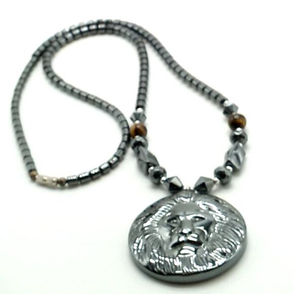 Men's/Unisex Hematite Beads & Lion's Head Pendant Necklace w/2 Cat's Eye Beads - Picture 2 of 14